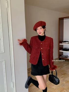 【GZ】无忧购【鸿运当“红”】新年红千金风编织小香外套加厚保暖夹棉外套2819（现货48小时内发货）