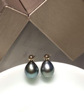 【私席真珠·新年盛宴】18k金镶大溪地黑珍珠耳针 9-10mm 水滴～椭圆
