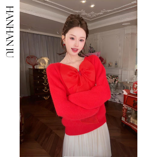 【孤品样衣，不退不换】【甜心记忆】高定兔毛混纺纱线手工亮钻蝴蝶结女士毛衫外套 商品图2