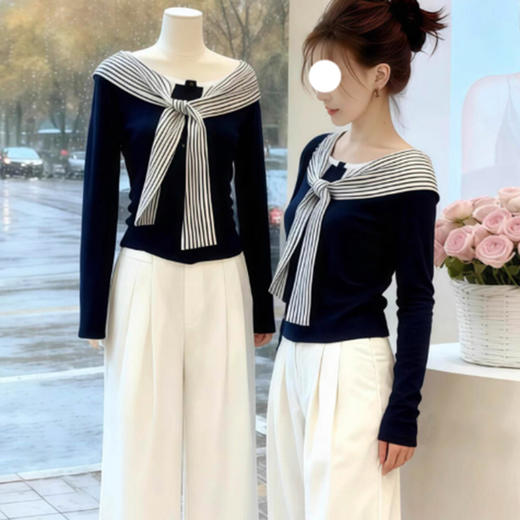 裁缝学苑AS623一字拼接条纹绑带长袖t恤纸样女装修身短上衣服装打板 商品图3