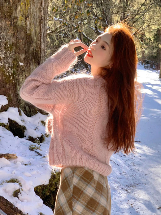 【百图lulu定制】【樱花毛衣】羊毛混纺 高级粉 松弛感 麻花毛衣 商品图2