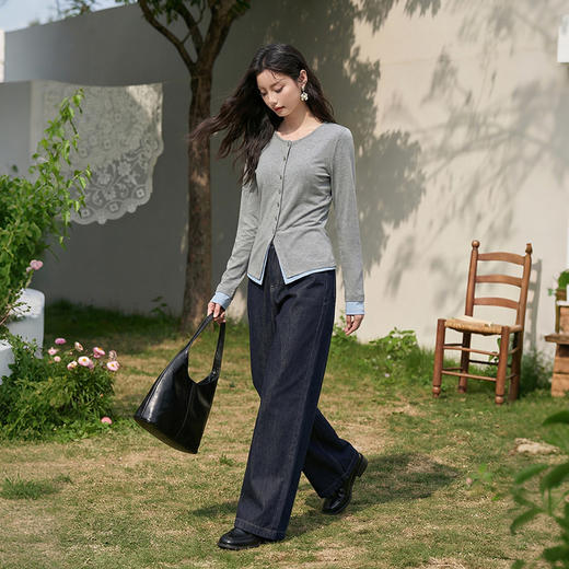 西遇拼接假两件长袖T恤女2026年春季新款修身半开领内搭打底衫10260016 商品图1