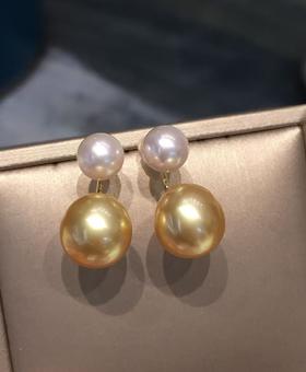【私席真珠·新年盛宴】18k金镶AKOYA/南洋金珍珠耳针 7.5/11mm圆/椭圆