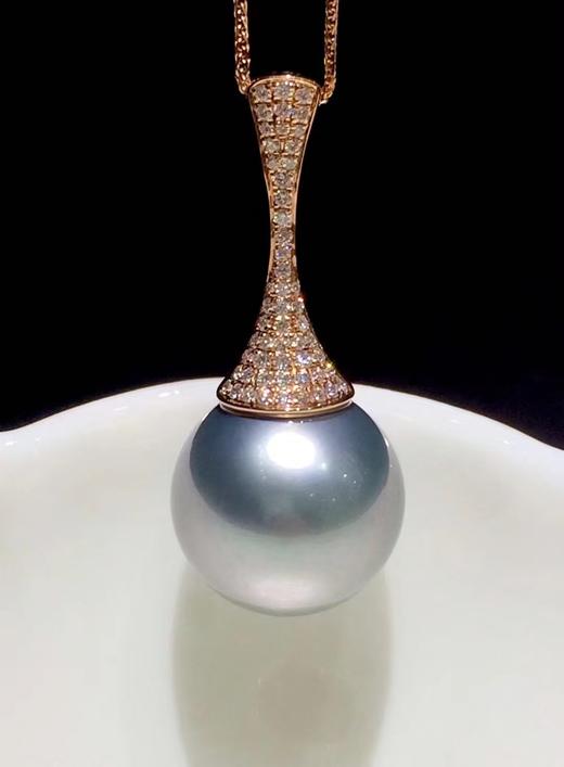 【私席真珠·新年盛宴】18K金镶钻灰珍珠吊坠，14-15mm珠 商品图0