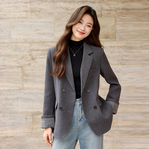 「自」全新升级【铂金会员220/天猫289/差价69】(32712)洛诗琳气质拼色西装外套202新款一粒扣百搭通勤加厚外套女 商品图0
