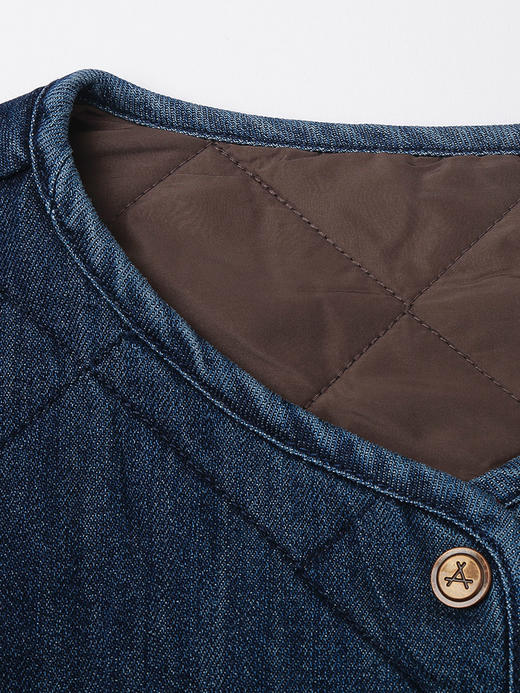 复古做旧水洗牛仔菱格绗缝夹棉外套 无领宽松廓形单排扣落肩袖休闲通勤保暖上衣 商品图2