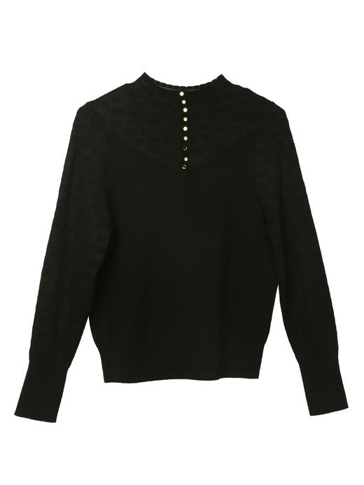 黑色半高领后背纽扣针织衫 镂空纹理修身显瘦长袖打底衫 秋冬通勤温柔气质内搭上衣 商品图1