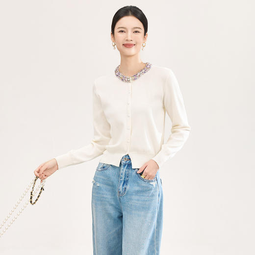 「高货wl」全新升级【铂金会员220/天猫289/差价69】(02357)洛诗琳镶钻天丝坑条针织开衫2026早春气质高弹短款上衣女 商品图1