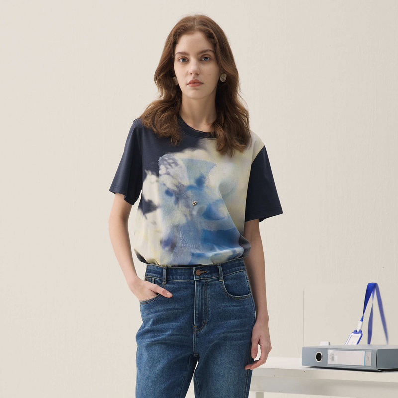 谜底印花T恤短袖2026年春季新品H型纯棉蓝晒兔子艺术女261MT0203
