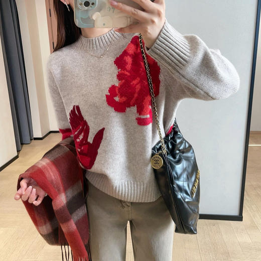 复古氛围感！2026喜上梅梢刺绣绵羊毛针织套头圆领毛衣女冬季新款！ 商品图1