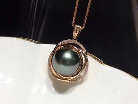 【私席真珠·新年盛宴】18k金镶钻大溪地黑珍珠吊坠 14-15mm