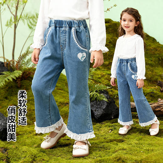 迪士尼（Disney）童装女童牛仔长裤甜美蕾丝花边蓝色休闲外出牛仔长裤2026春季新款ZD1FK011 商品图1