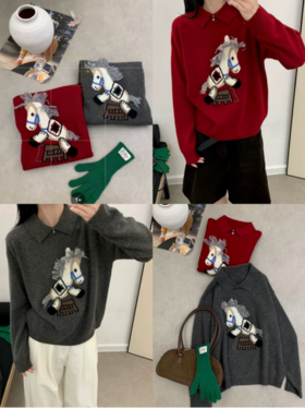 🥰【元气小马重工刺绣新年款POL0领羊毛衫8528】一眼爱上的重工毛衣针织衫！💖很适合节日的一款红色毛衣呀🥳拿在手里都感觉节日氛围感满满~喜气洋洋的