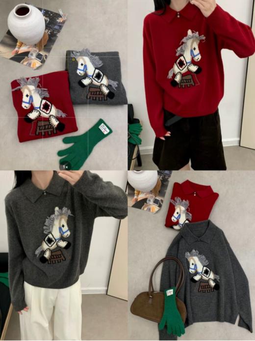 🥰【元气小马重工刺绣新年款POL0领羊毛衫8528】一眼爱上的重工毛衣针织衫！💖很适合节日的一款红色毛衣呀🥳拿在手里都感觉节日氛围感满满~喜气洋洋的 商品图0