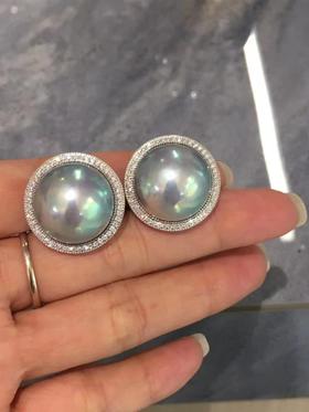 【私席真珠·新年盛宴】18K金镶钻马贝珍珠耳拍，18-19mm珠，孤品