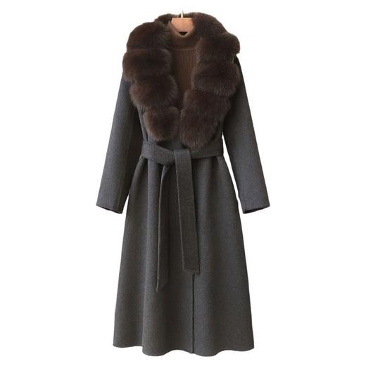 丁摩 冬季新品100%羊毛长款毛呢大衣狐狸毛领双面尼外套女5ZF-04C 商品图4