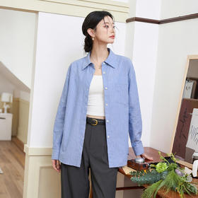 【限时秒杀】西遇慵懒蓝色条纹衬衫女2026年春季新款通勤风宽松休闲长袖衬衣10260018