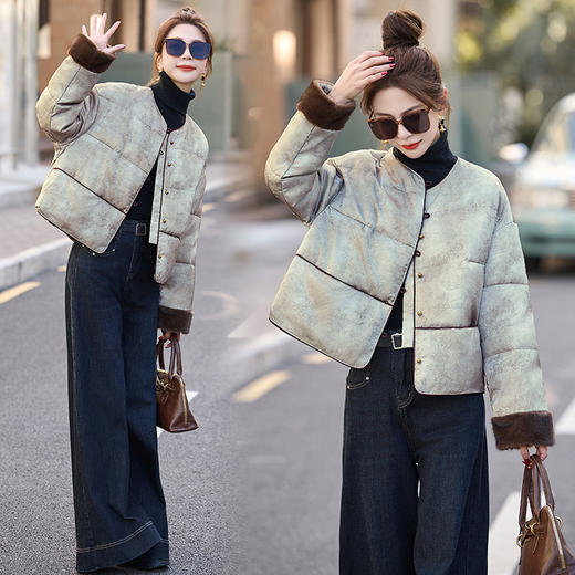 新中式提花羽绒服冬季款毛绒拼接小个子白鸭绒短款外套MYL1031 商品图3