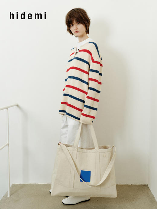 hidemi副线小h 条纹撞色亨利领休闲套头上衣针织衫 商品图12