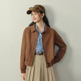 【严选】诗凡黎咖色麂皮绒复古短外套2026春新款美式宽松气质翻领夹克上衣7H1210151