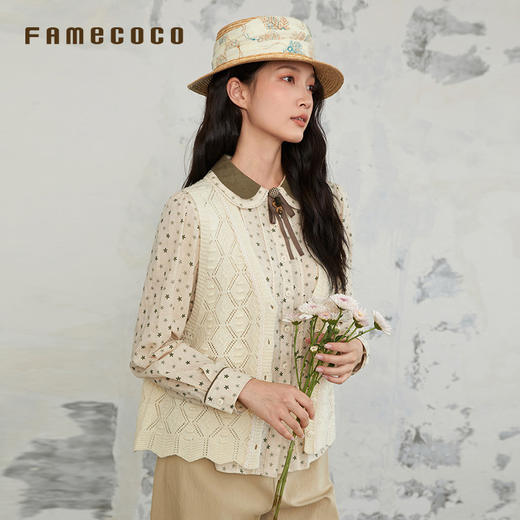 Famecoco文艺马夹含羊毛V字领外穿马甲刺绣女装FAB6CA017 商品图1