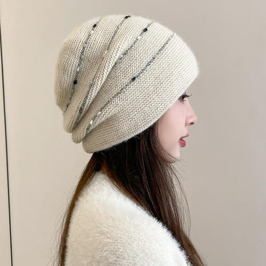 丁摩 兔毛针织堆堆帽秋冬跳线毛线帽加绒加厚户外保暖护耳女士帽子5ZF-8 商品图3