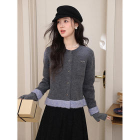 鹿向南「巴黎慢调」复古花灰色长袖毛衣女秋冬撞色设计感针织开衫