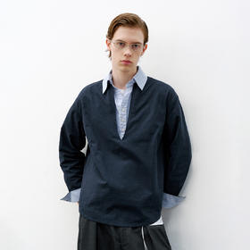 714street假两件撞色长袖衬衫