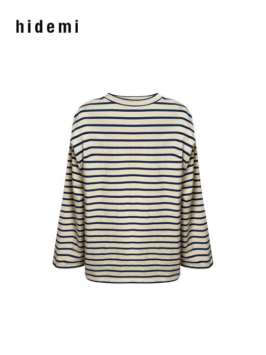 hidemi副线小h 少年感圆领撞色宽松条纹长袖T恤 商品图6