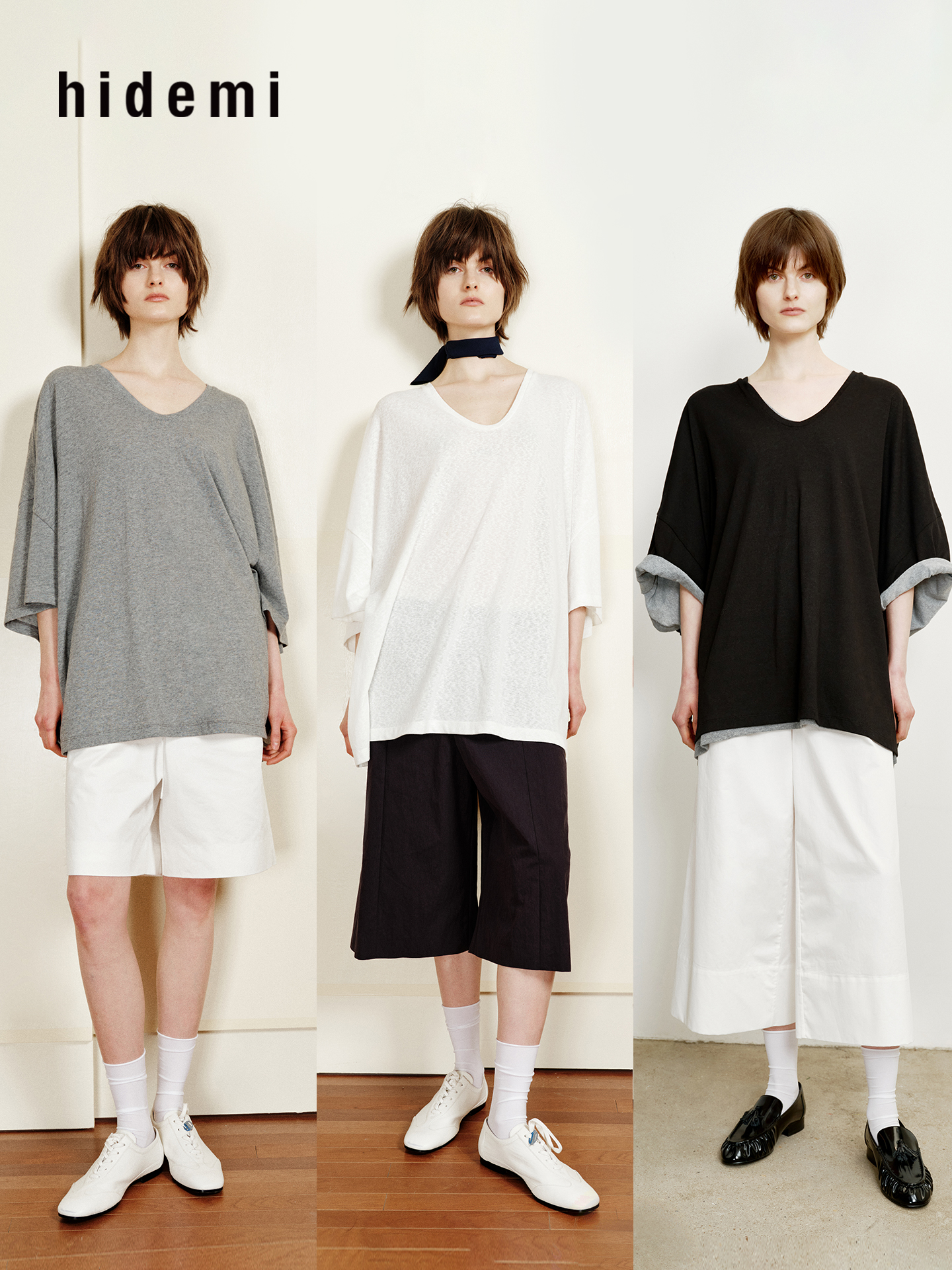 hidemi副线小h 简约U领松弛宽松T恤上衣