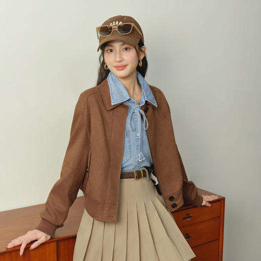 【严选】诗凡黎咖色麂皮绒复古短外套2026春新款美式宽松气质翻领夹克上衣7H1210151 商品图2