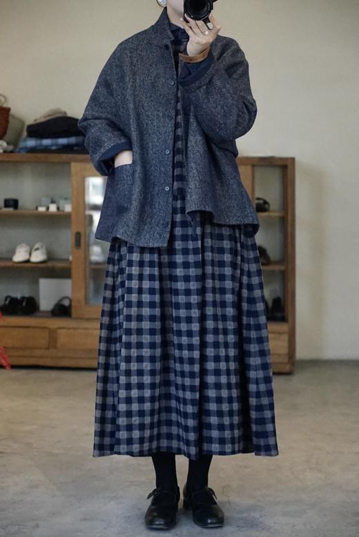 apuntob 羊毛格纹短袖连衣裙(蓝/棕格) 商品图6