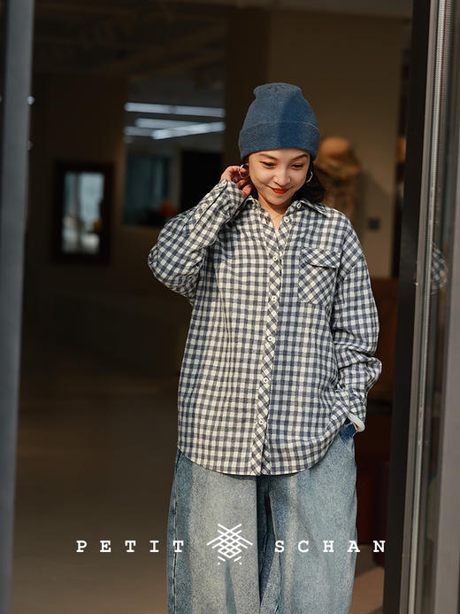 PETIT SCHAN小闪 CLO#1017 Wash 淡彩 绵羊毛亚麻休闲格纹衬衫 商品图1