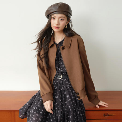 【严选】诗凡黎咖色麂皮绒复古短外套2026春新款美式宽松气质翻领夹克上衣7H1210151 商品图3