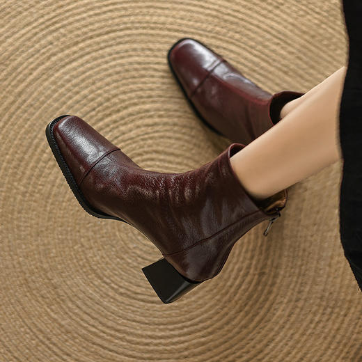 【预售5天】超软羊皮短靴女秋冬季新款加绒高跟靴子法式粗跟方头后拉链瘦瘦靴&9915 商品图3