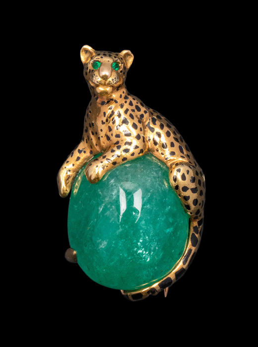 独角鹿西洋古董1948年代法国顶级珠宝品牌卡地亚出品18K黄金镶嵌蛋面祖母绿及珐琅「美洲豹」造型胸针 商品图0