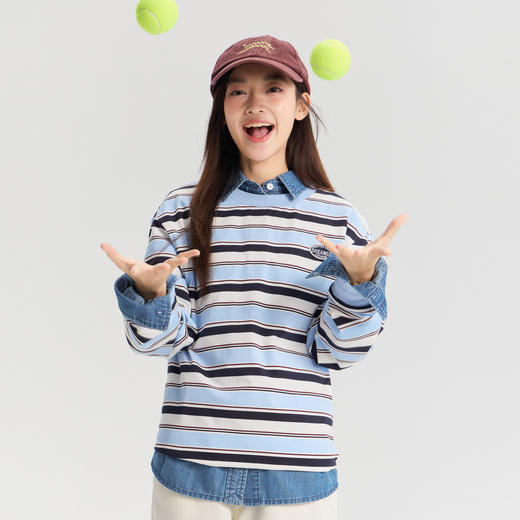 笛莎Deesha青少年女童T恤2026春季女童学院风条纹长袖T恤 商品图1