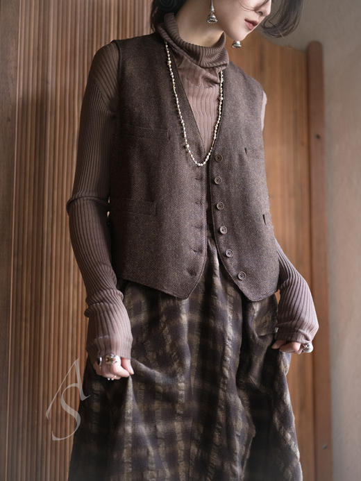 Jai 秋土棕英国人字纹羊毛游吟诗人马甲 商品图0