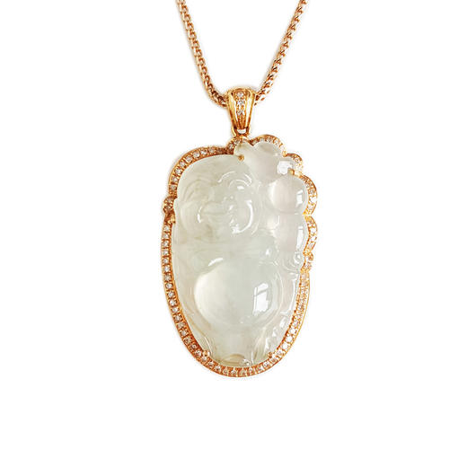 【天然正品】A货翡翠AU750玫瑰金镶钻镶天然细腻白色冰种逍遥佛（乐观豁达、福气满满）翡翠吊坠项链36.2*19.3*8.7MM(皆取最大值)链长：41CM 301225NJS21 商品图0