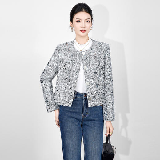 「高货wl」全新升级【铂金会员339/天猫459/差价120】(11852)洛诗琳轻奢羊毛混纺外套2026新款重工亮片绣小香风短外套 商品图0