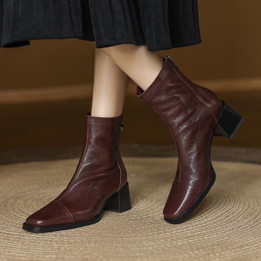 【预售5天】超软羊皮短靴女秋冬季新款加绒高跟靴子法式粗跟方头后拉链瘦瘦靴&9915 商品图2