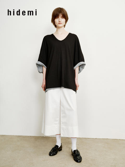 hidemi副线小h 简约U领松弛宽松T恤上衣 商品图11