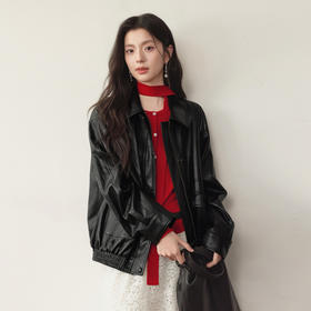 【严选】诗凡黎甜酷机车风PU皮衣外套2026春新款百搭通勤黑色短夹克上衣女7H1210131