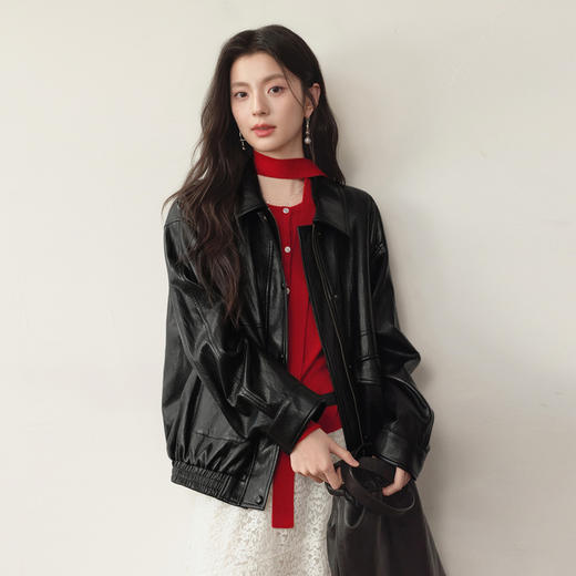 【严选】诗凡黎甜酷机车风PU皮衣外套2026春新款百搭通勤黑色短夹克上衣女7H1210131 商品图0