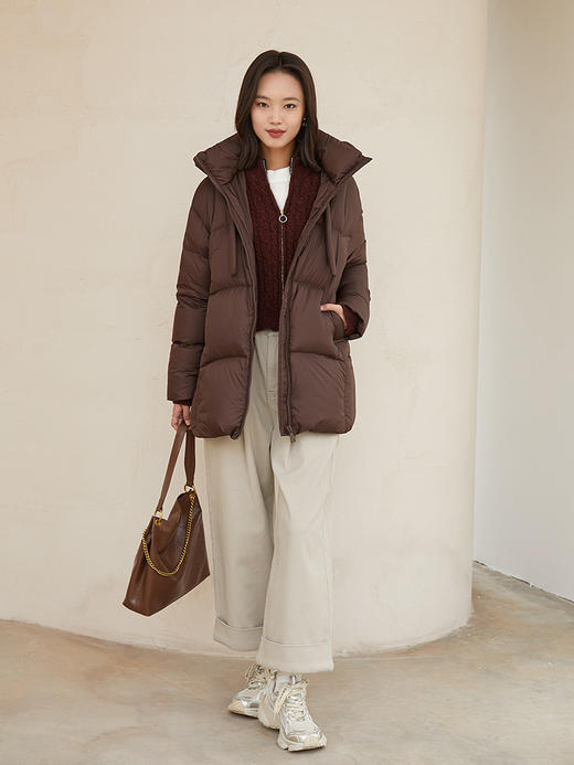 【鹅绒】深棕色连帽中长款羽绒服 秋冬宽松廓形拉链保暖面包服外套 商品图2