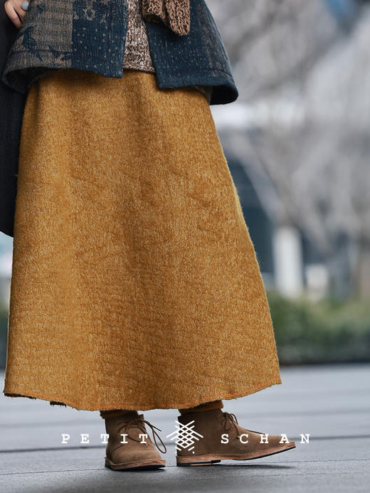 PETIT SCHAN小闪 CLO#1018 Overdyed yellow 太上黄 羊毛棉手工染色A摆长裙 商品图0