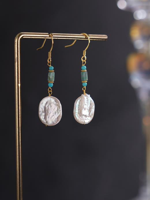 子佩集【天香御珠】银S925珍珠惜王妃耳环【SGE0320008】10*13mm珠巴洛克镀金凤凰松石2601 商品图3