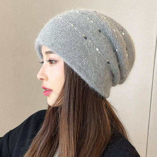 丁摩 兔毛针织堆堆帽秋冬跳线毛线帽加绒加厚户外保暖护耳女士帽子5ZF-8 商品图2
