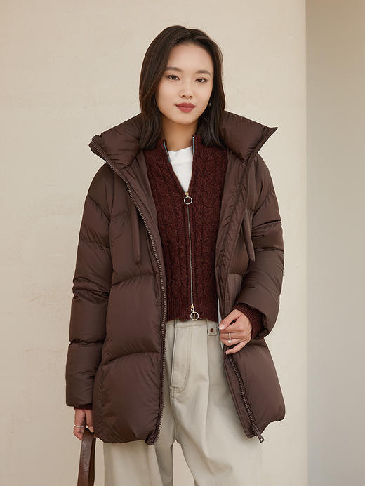 【鹅绒】深棕色连帽中长款羽绒服 秋冬宽松廓形拉链保暖面包服外套 商品图1