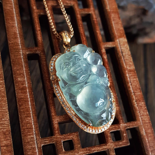 【天然正品】A货翡翠AU750玫瑰金镶钻镶天然细腻白色冰种逍遥佛（乐观豁达、福气满满）翡翠吊坠项链36.2*19.3*8.7MM(皆取最大值)链长：41CM 301225NJS21 商品图6